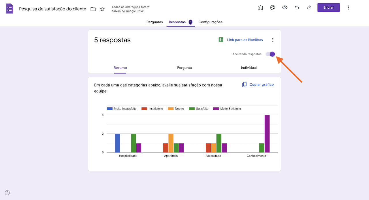 Alternando o botão Aceitando respostas no Formulários Google