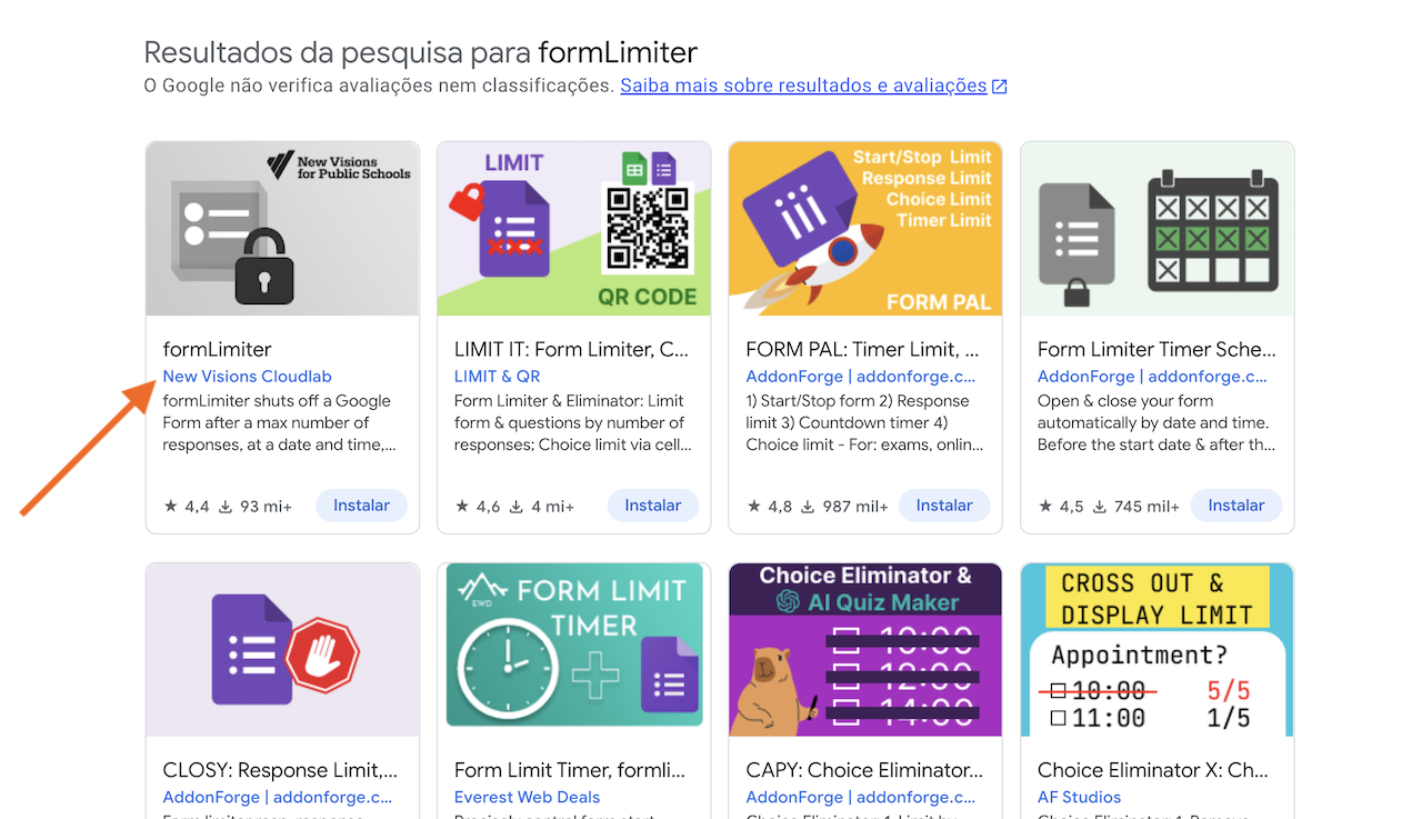 Selecionando formLimiter no Google Workspace Marketplace