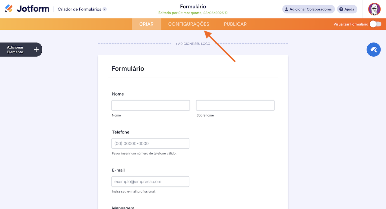 Clicando na aba Configurações no Criador de Formulários Jotform