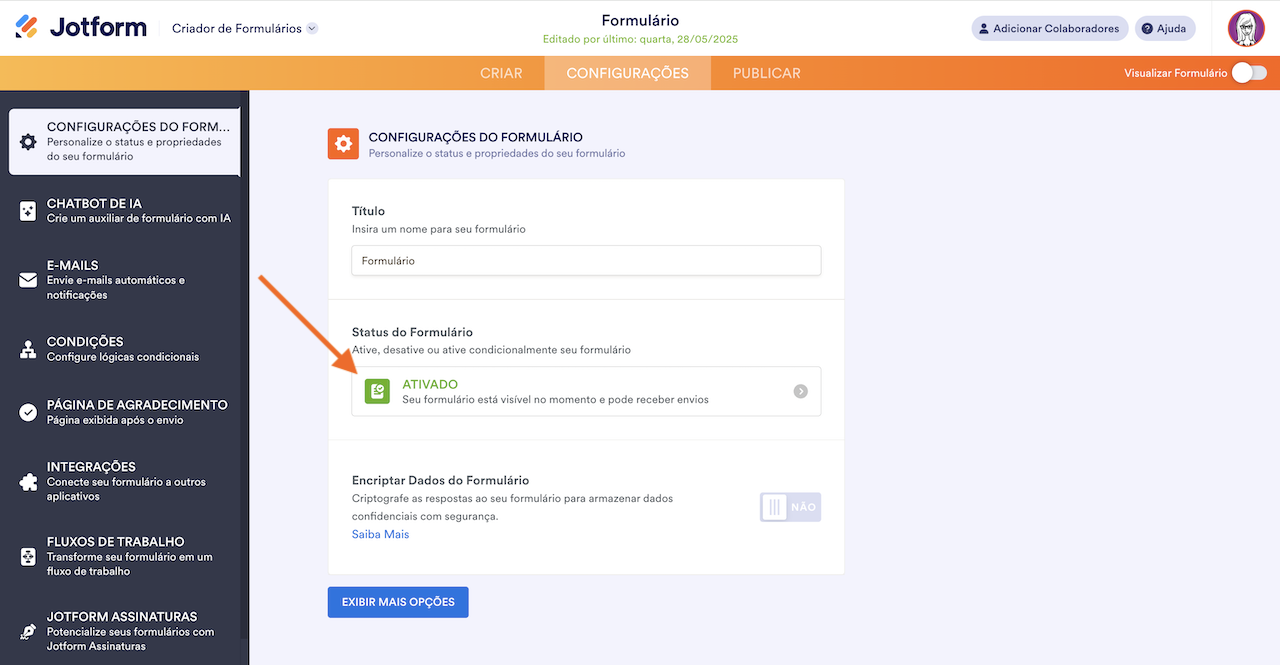 Destacando o Campo de Status do Formulário nas Configurações do Formulário