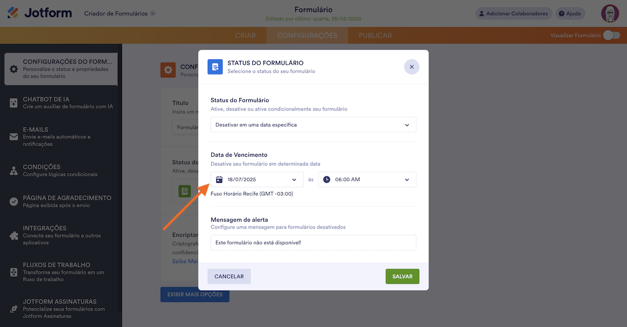 Configurando uma data de vencimento usando o widget de calendário no Criador de Formulários Jotform