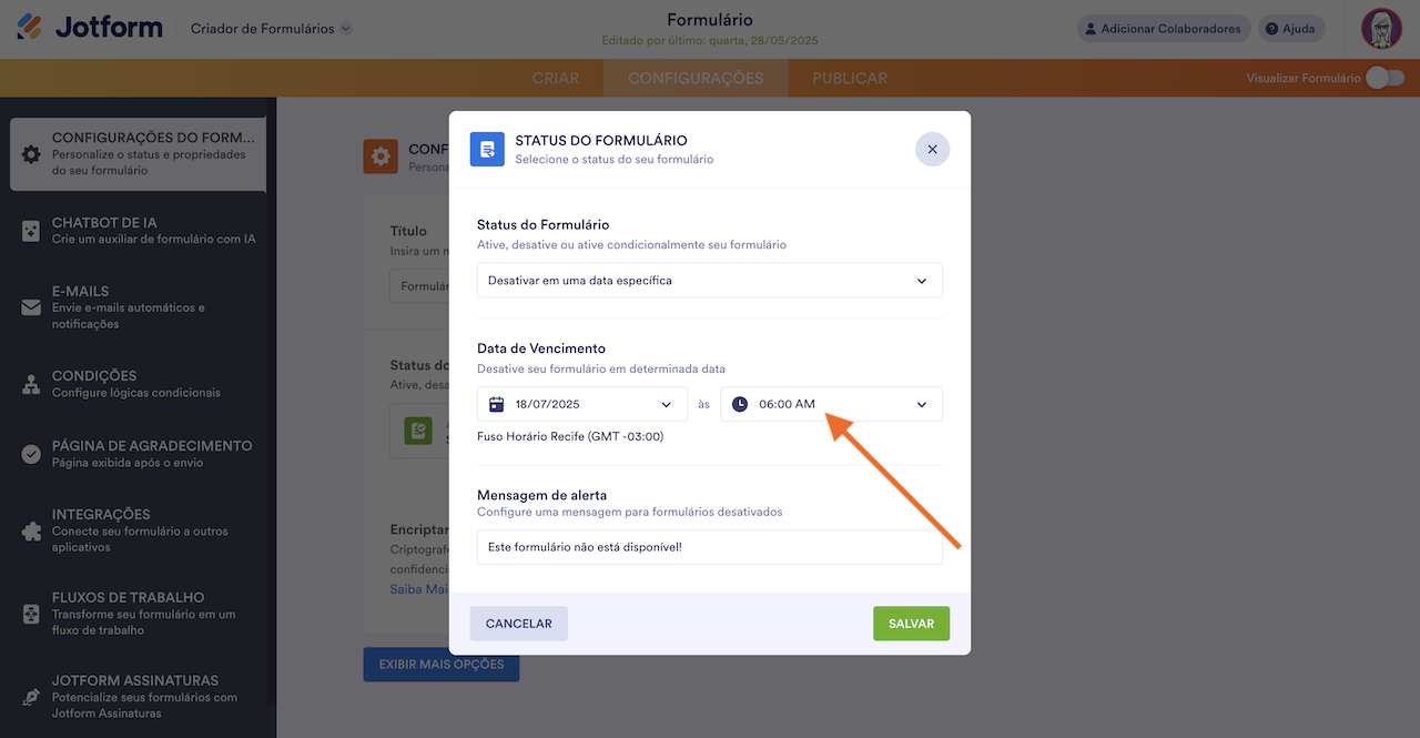 Configurando um horário de vencimento no Criador de Formulários Jotform