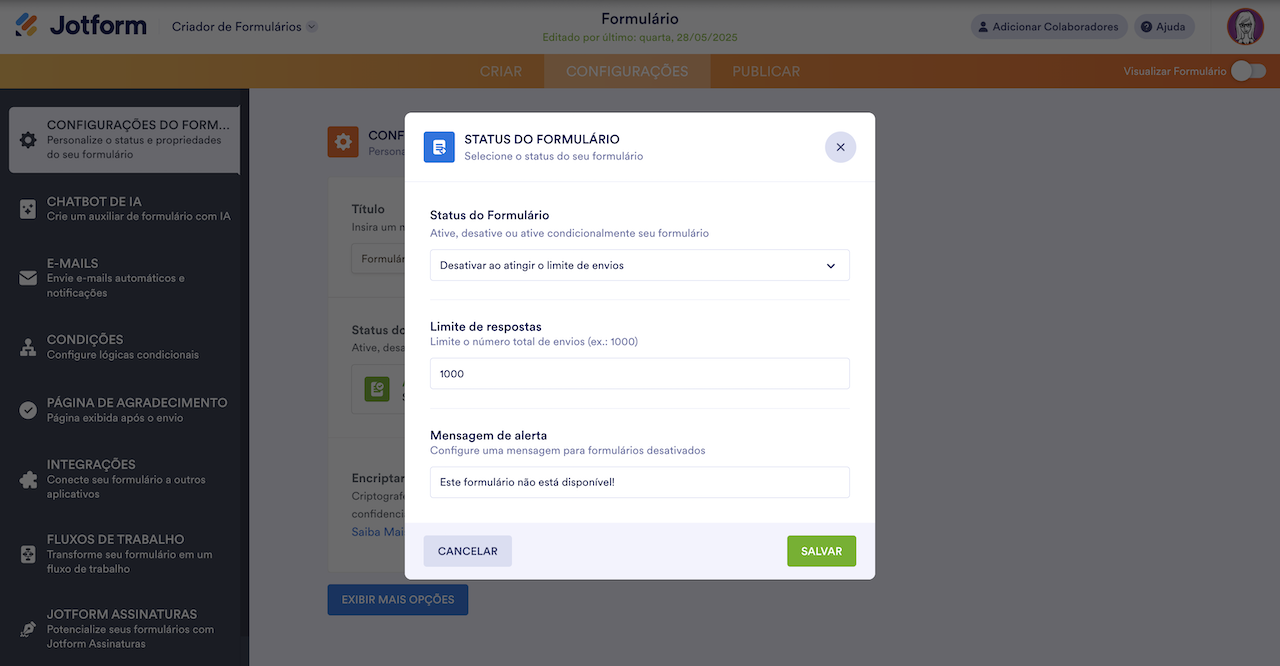 Inserindo o limite de envios e clicando em Salvar na Janela de Status do Formulário no Criador de Formulários Jotform