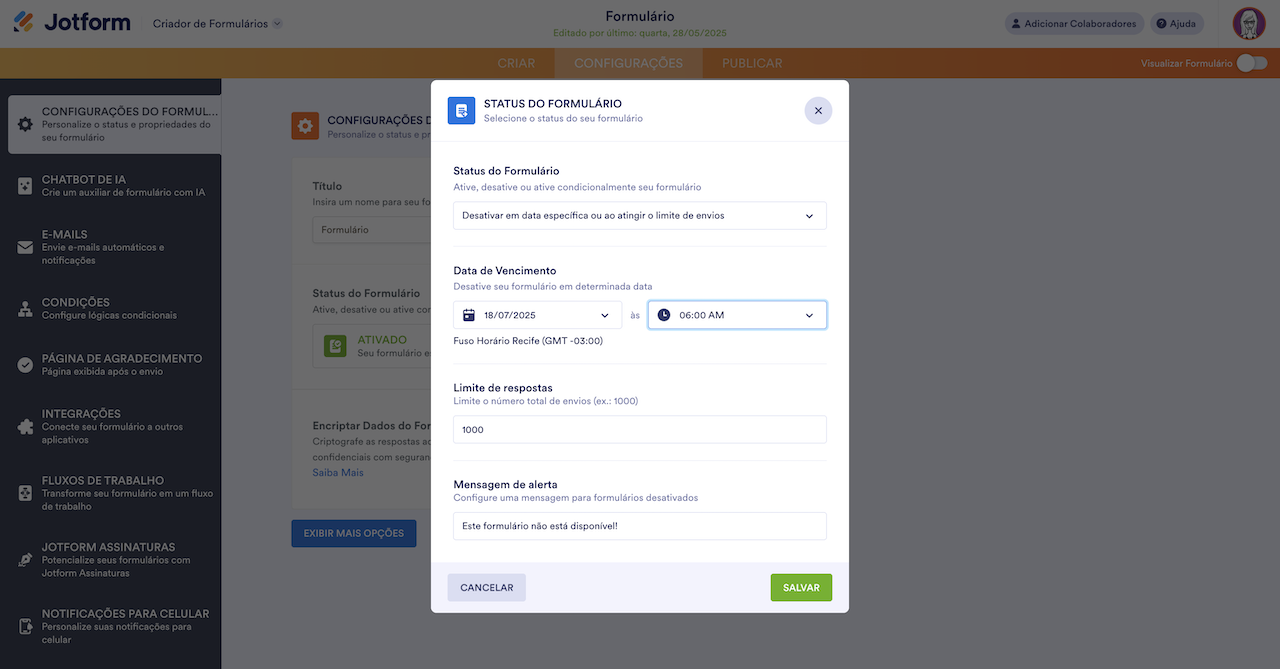 Definindo uma data de vencimento no menu de calendário no Criador de Formulários Jotform