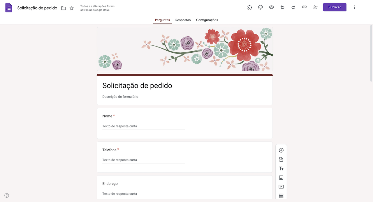 Captura de tela de um Formulário para Pedidos no Formulários Google