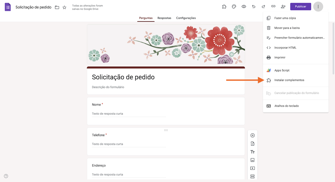 Captura de tela do Formulário para Pedidos no Formulários Google clicando em Instalar complementos