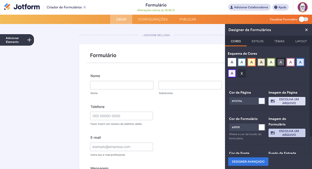 Interface do criador de formulários Jotform mostrando um formulário de contato básico com campos para nome, e-mail e telefone