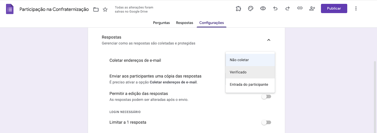 Interface de opções de respostas do formulário no Formulários Google