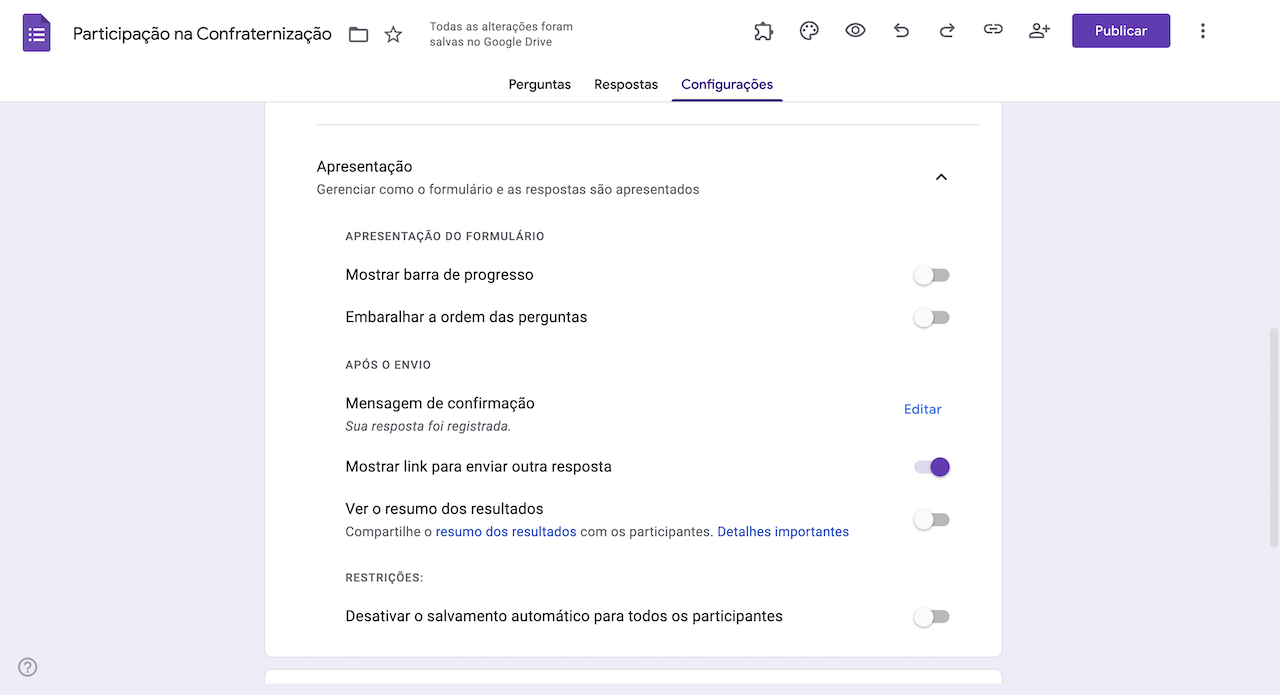 Interface de configurações de Apresentação do formulário no Formulários Google