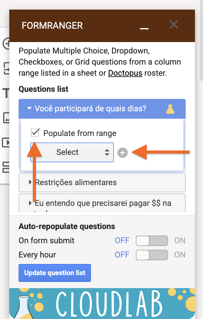 Captura de tela da aplicação Form Ranger, com setas apontando para a caixa de seleção "Populate from range" e o botão em forma de sinal de mais para novo intervalo