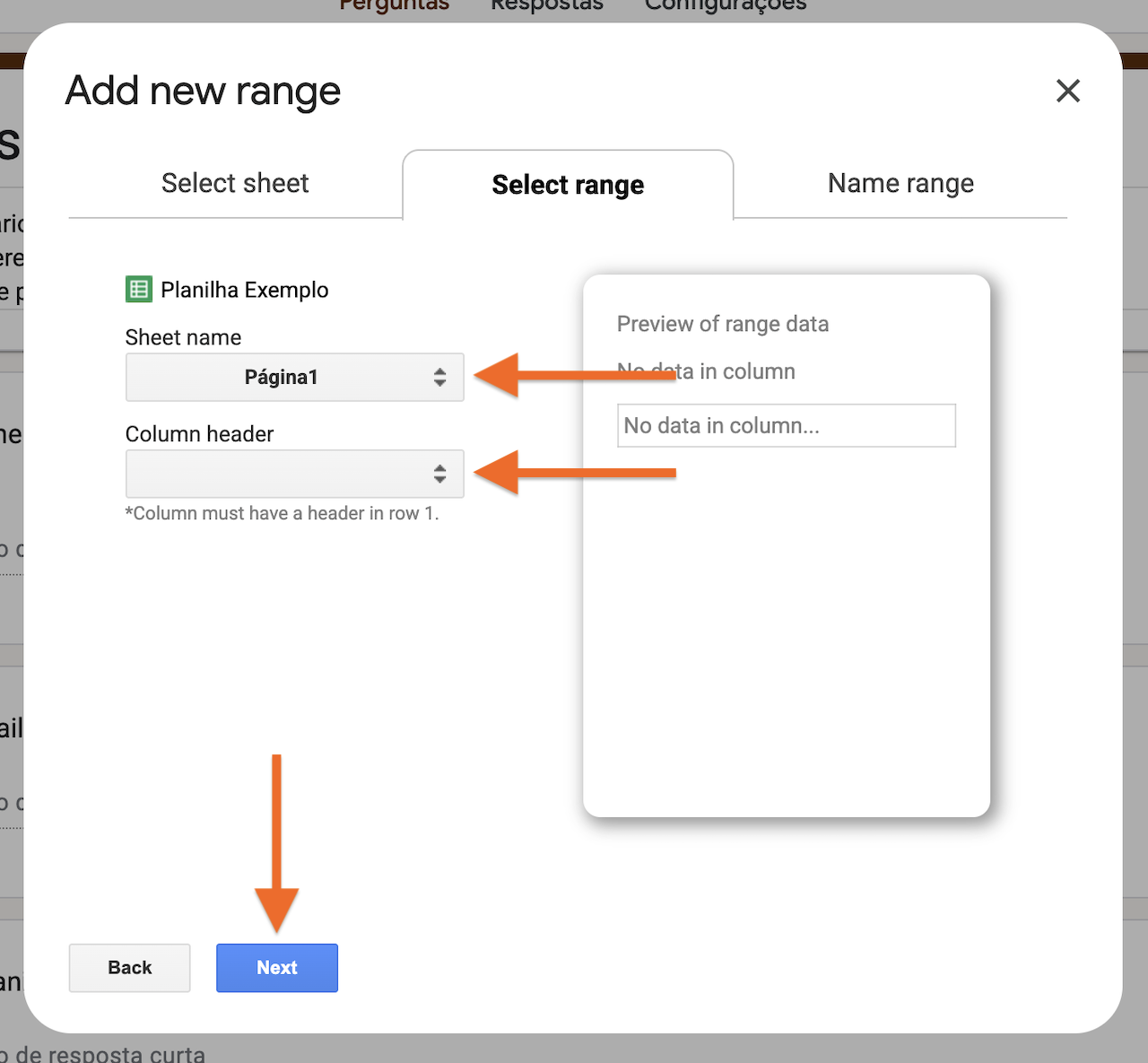 Captura de tela do menu “Add new range” da aplicação Form Ranger, com setas apontando para os botões "Sheet name", "Column header" e "Next"