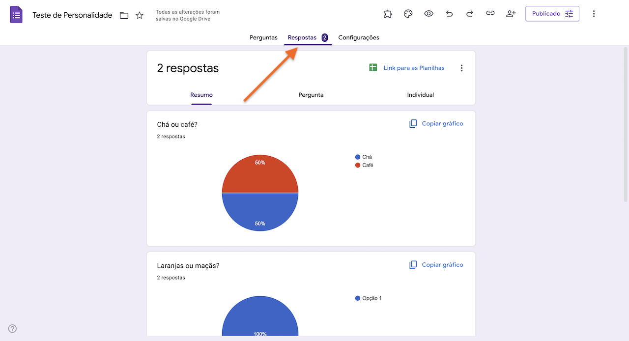 A aba "Respostas" de um formulário de teste de personalidade mostrando uma divisão igual de preferências para "Chá ou café?"