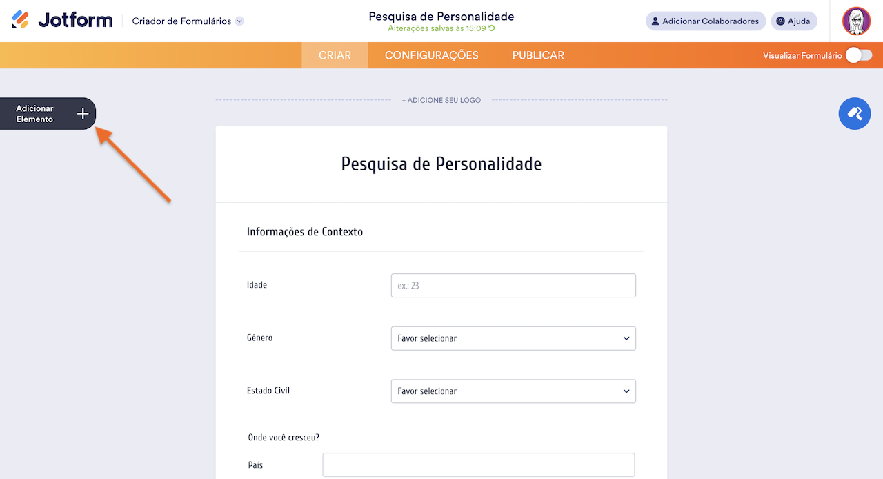 Interface do criador de formulários com o botão 'Adicionar Elemento' destacado para adicionar novos componentes a um formulário de 'Pesquisa de Personalidade'