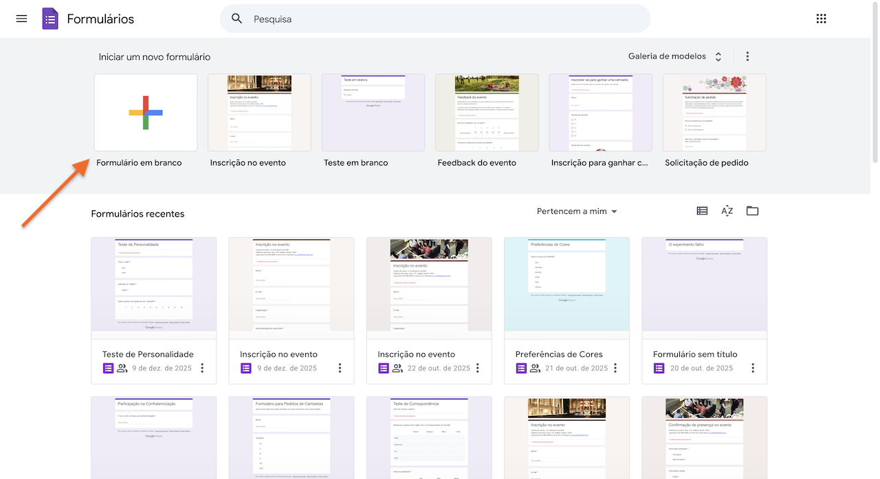 Tela de seleção de formulários do Formulários Google