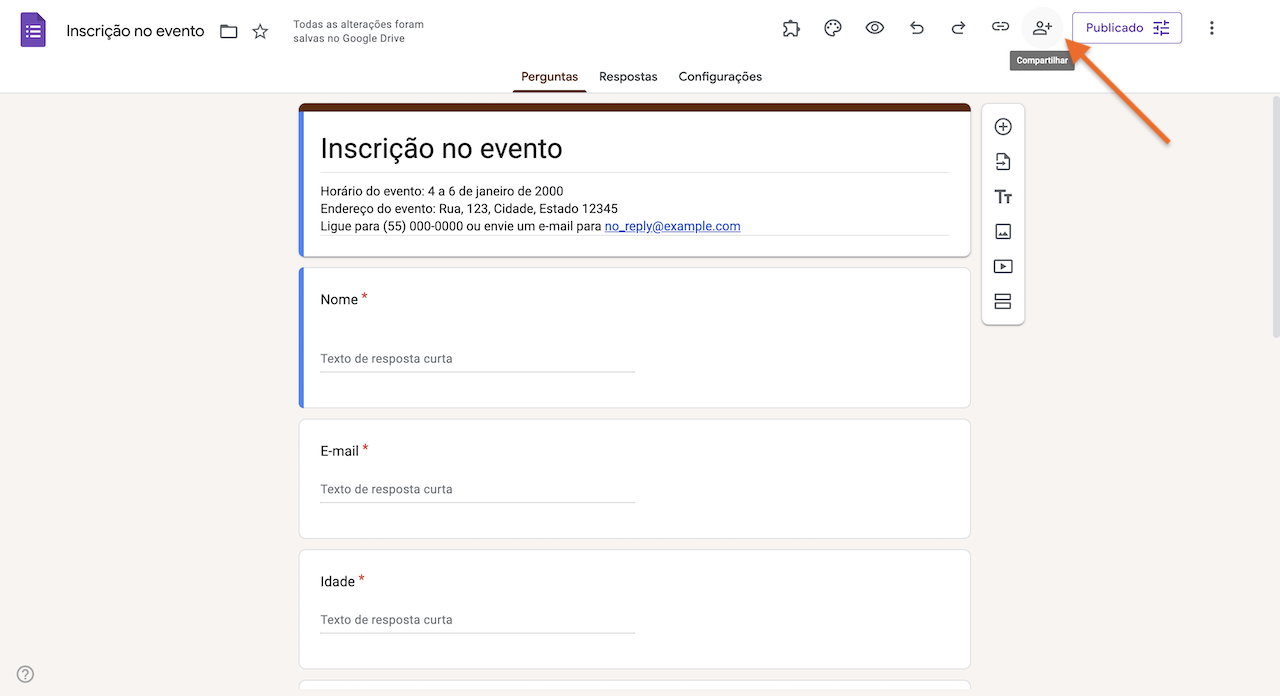 Clicando na opção Compartilhar no canto superior direito da tela
