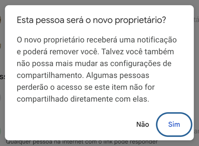 Notificação do Formulários Google ao tornar esta pessoa o proprietário