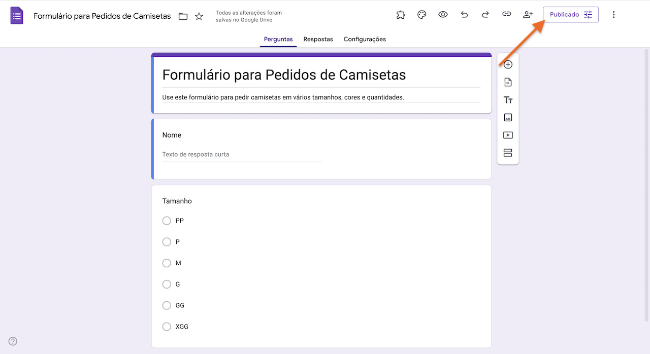 Interface do Formulários Google com uma seta apontando para o botão Publicado