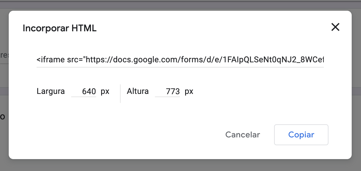 Captura de tela do menu de envio do Formulários Google com a opção de incorporação aberta