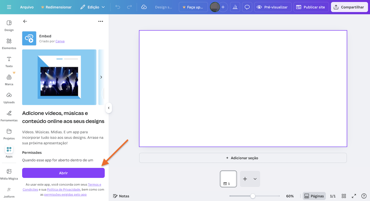Captura de tela de um projeto em branco no Canva, com uma seta apontando para o botão "Abrir" no app Embed
