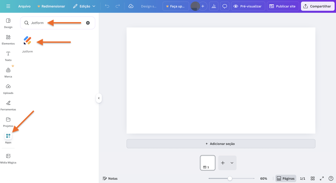 Captura de tela de um projeto em branco no Canva, com setas apontando para a aba de Apps, a barra de busca com "Jotform" digitado, e o ícone do app Jotform