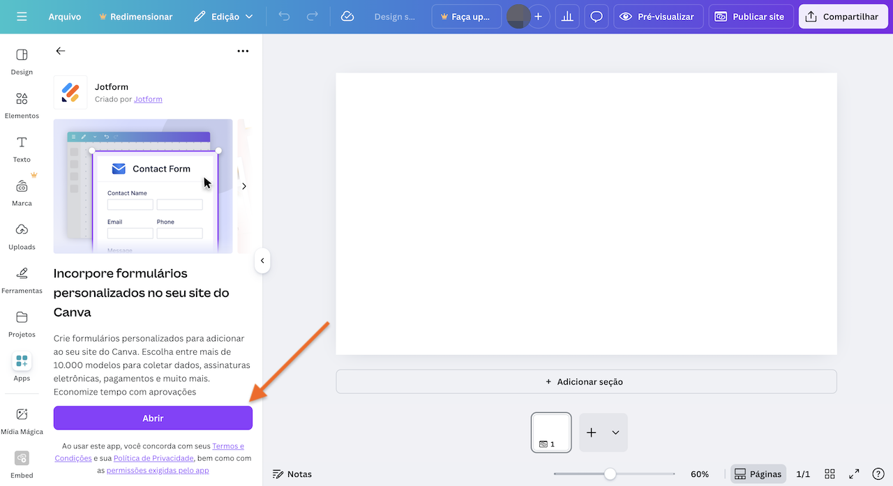 Captura de tela do Canva com o app Jotform aberto à esquerda, com uma seta apontando para o botão "Abrir"