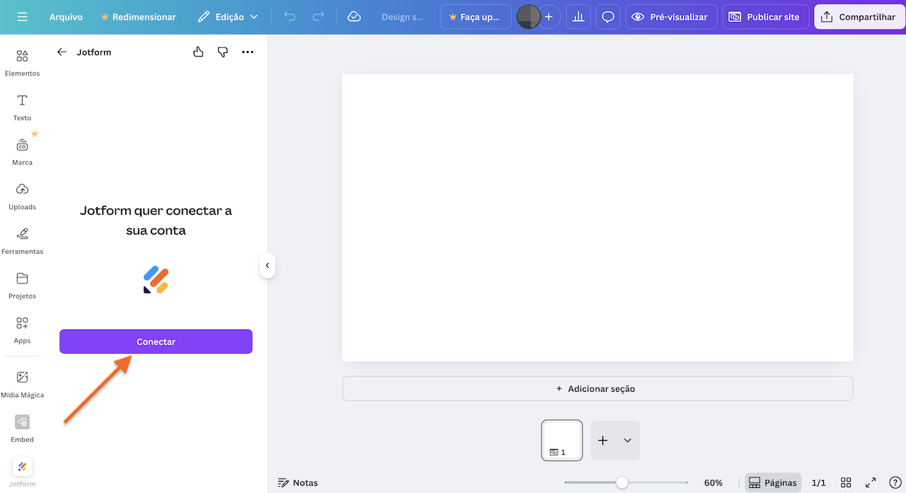 Captura de tela de um site do Canva com o app Jotform aberto à esquerda, com uma seta apontando para o botão "Conectar"