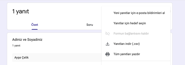 Google Forms Yanıtlar Sekmesi 3 Noktalı Menü