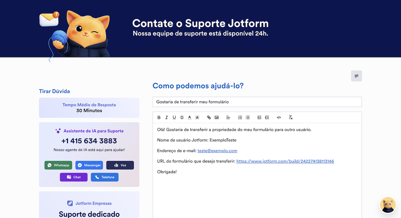 Página de contato com o Suporte Jotform