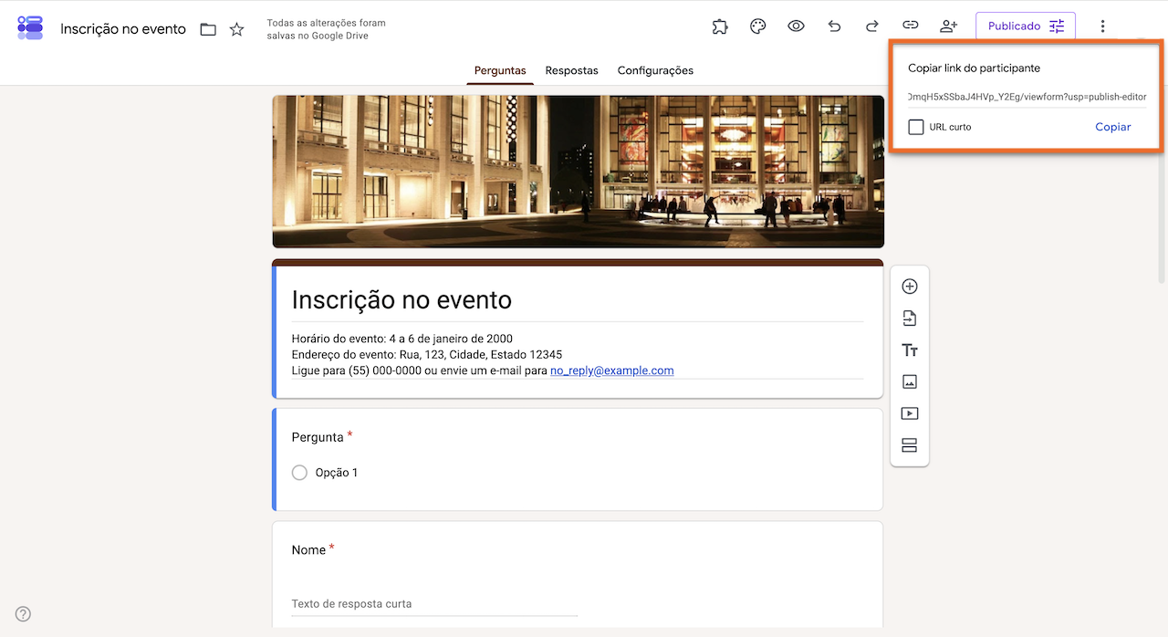Captura de tela do Formulários Google exibindo o formulário publicado, com o menu "Copiar link do participante" aberto e o botão "Copiar" destacado
