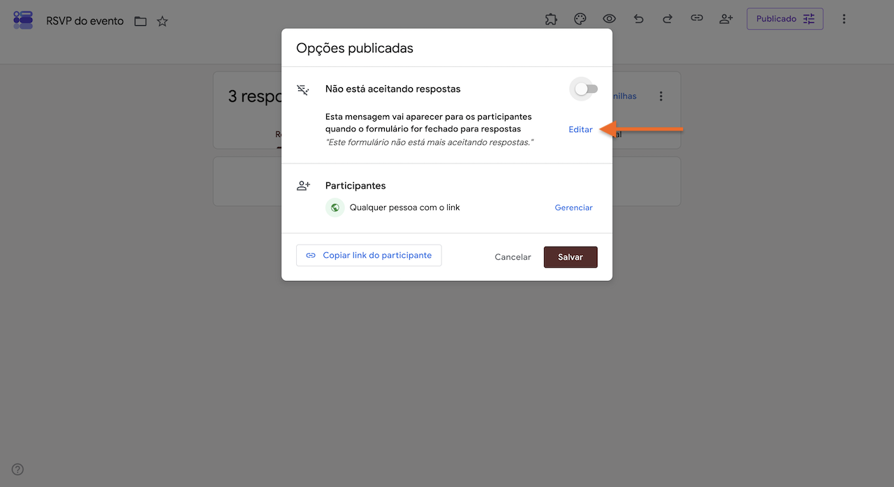 Janela "Opções publicadas" do Formulários Google com uma seta destacando a opção "Editar" da mensagem exibida quando o formulário não aceita mais respostas