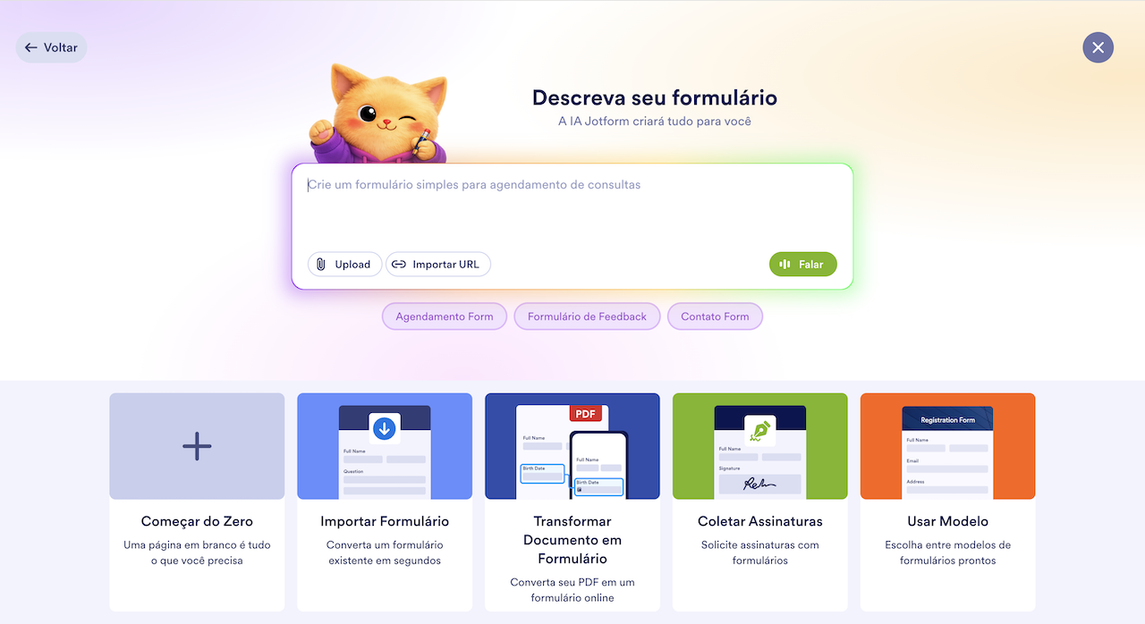 Tela da Jotform para criar um formulário com IA, mostrando um campo para descrever o formulário e opções para começar do zero, importar um formulário, transformar um documento em formulário, coletar assinaturas ou usar um modelo