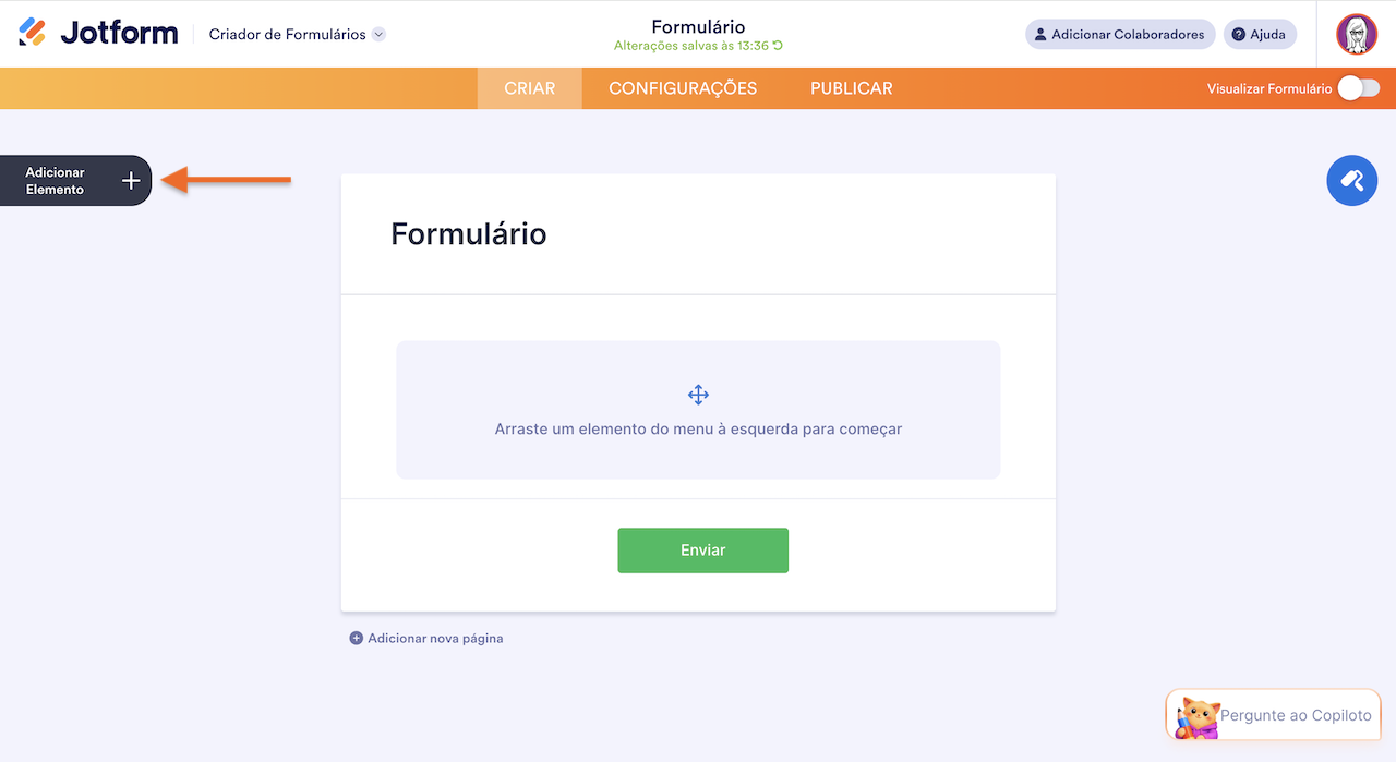 Criador de Formulários Jotform com uma seta destacando o botão "Adicionar Elemento" no lado esquerdo da tela