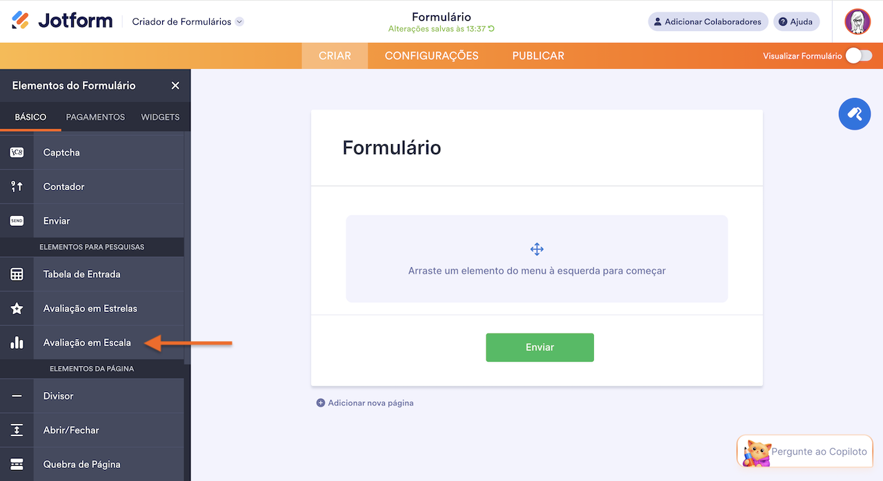 Menu "Elementos do Formulário" aberto no criador Jotform, com uma seta destacando a opção "Avaliação em Escala" na lista de elementos para pesquisas