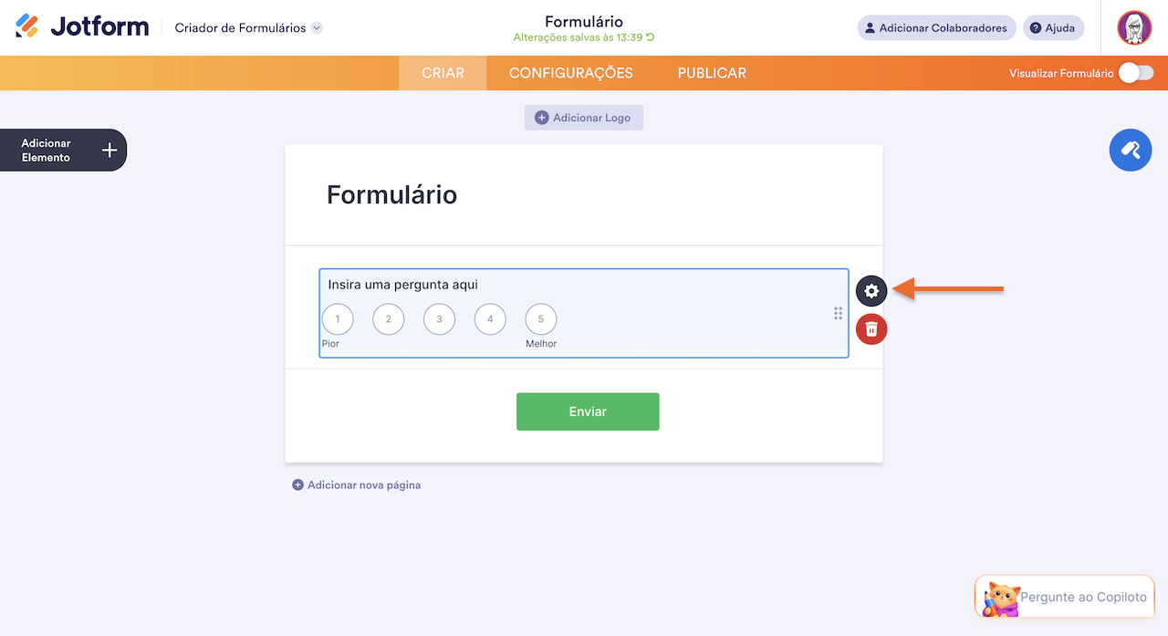 Formulário no criador Jotform com o elemento "Avaliação em Escala" selecionado e uma seta destacando o ícone de configurações do elemento