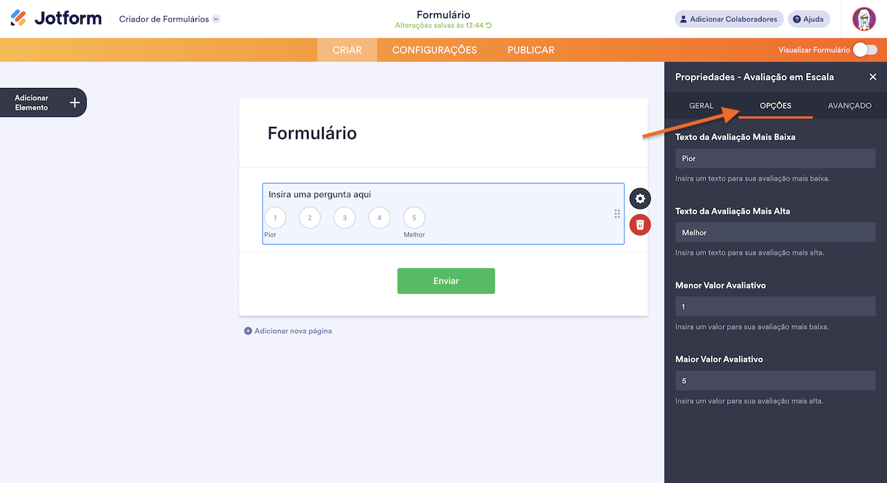Painel de propriedades do elemento "Avaliação em Escala" no criador Jotform, com a aba "Opções" selecionada e campos para personalizar os textos e valores da escala
