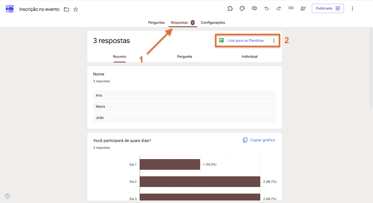 Aba "Respostas" do Formulários Google mostrando três respostas, com setas destacando a aba "Respostas" e a opção "Link para as Planilhas"