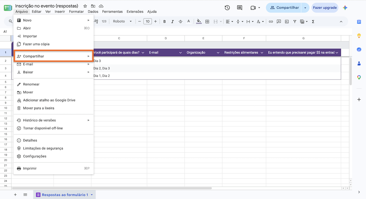 Planilha do Google com as respostas de um formulário, exibindo o menu "Arquivo" aberto e uma seta destacando a opção "Compartilhar"