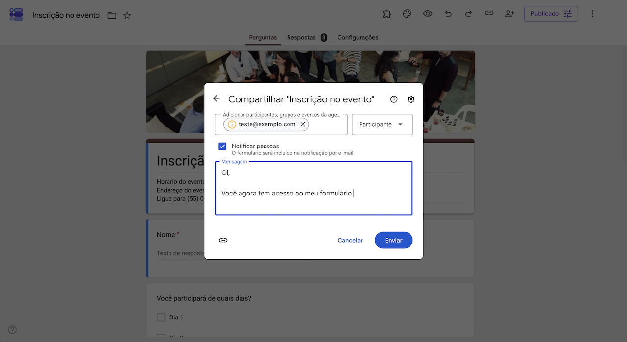 Janela de compartilhamento do Formulários Google mostrando as configurações de acesso ao formulário, incluindo as opções de acesso de editor e participante