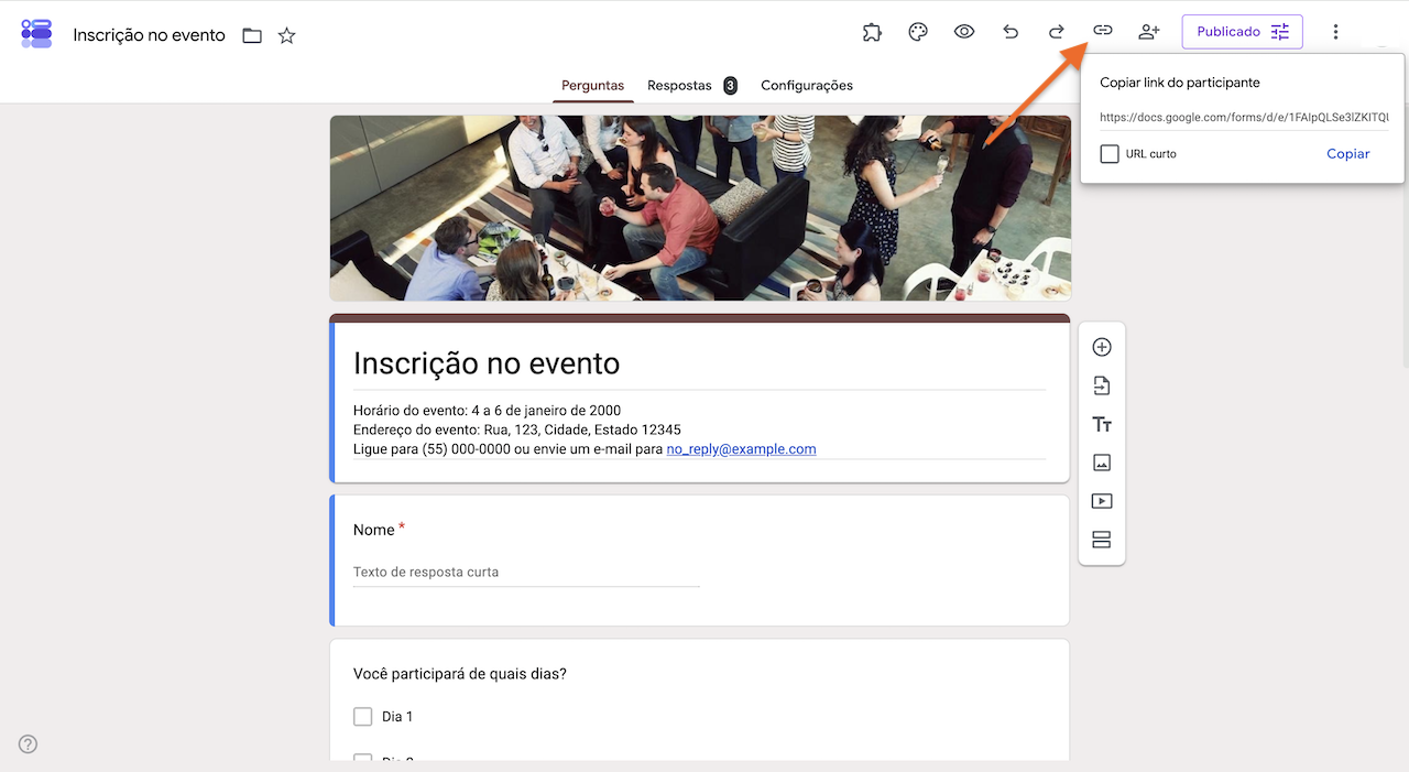 Formulários Google com o menu "Copiar link do participante" aberto, exibindo o link do formulário e uma seta destacando o ícone para copiar o link