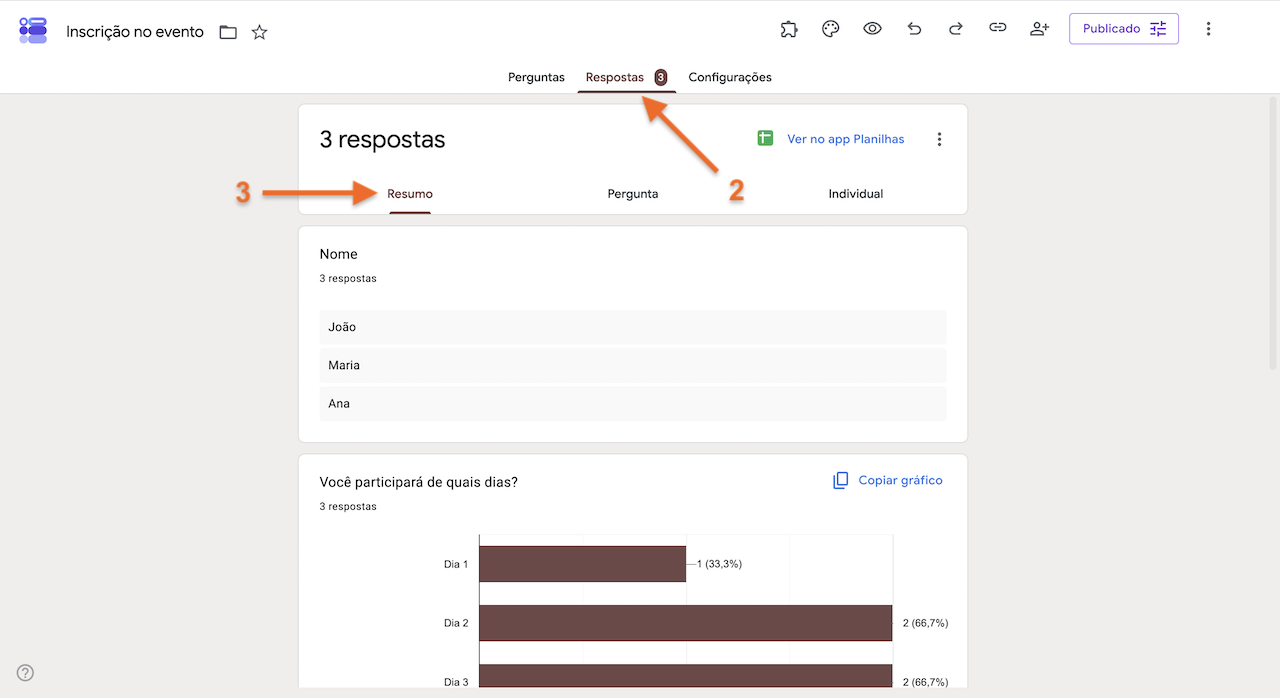 Aba "Respostas" do Formulários Google, com setas destacando a aba "Respostas" e a opção "Resumo" para visualizar os dados coletados