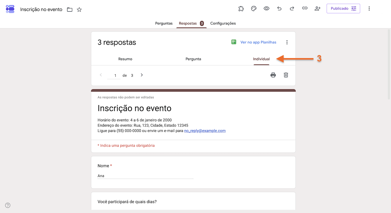 Aba "Respostas" do Formulários Google exibindo uma resposta específica do formulário, com uma seta destacando a opção "Individual"
