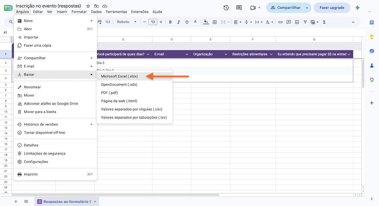 Planilhas Google com o menu "Arquivo" e a opção "Baixar" aberta, mostrando formatos de download, com uma seta destacando “Microsoft Excel (