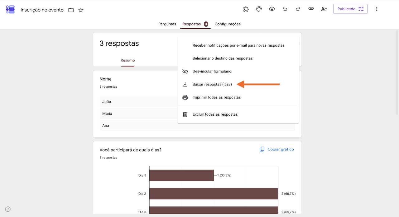 Aba "Respostas" do Formulários Google com o menu de opções aberto, mostrando ações para gerenciar as respostas e uma seta destacando "Baixar respostas (