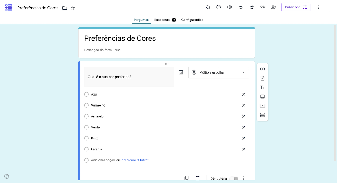Formulários Google exibindo um formulário de preferências de cores