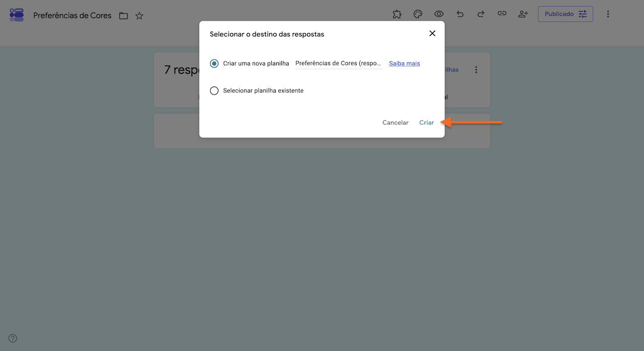 Janela "Selecionar o destino das respostas" do Formulários Google, com a opção de criar uma nova planilha selecionada