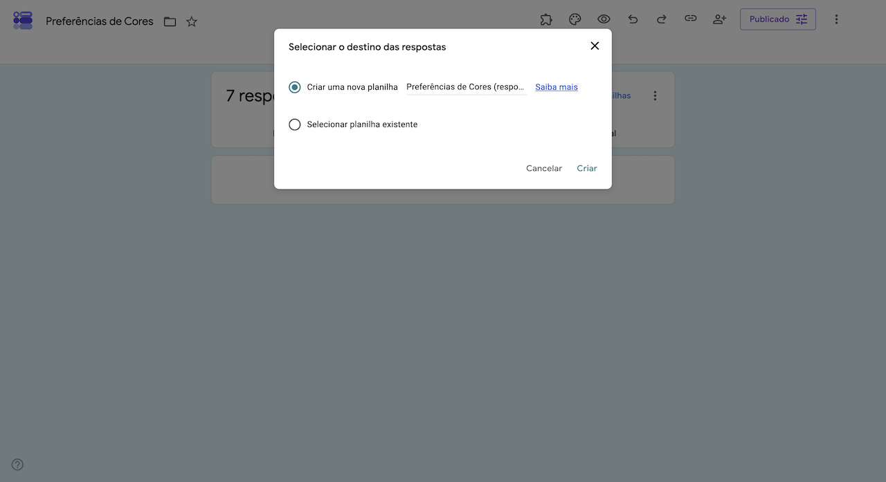 Janela "Selecionar o destino das respostas" do Formulários Google, com a opção de criar uma nova planilha selecionada