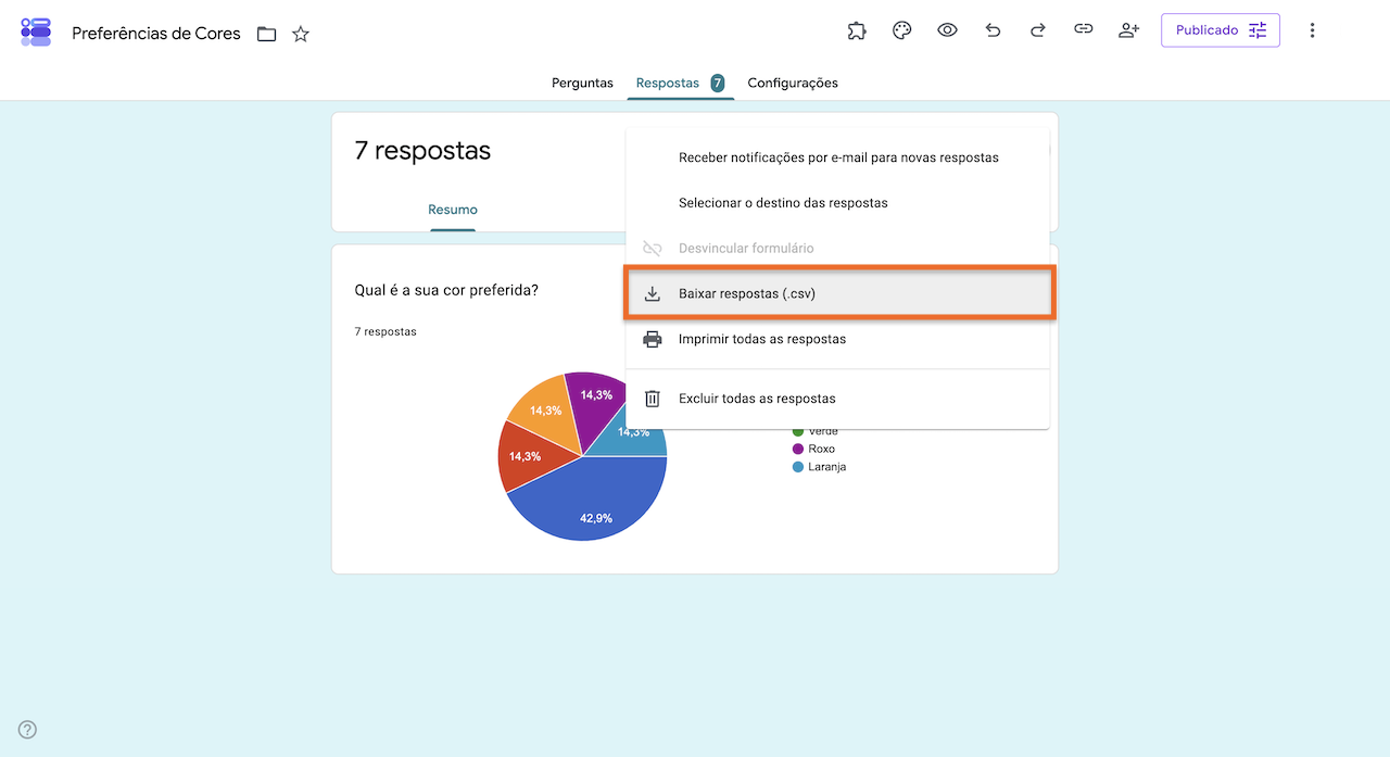 Aba "Respostas" do Formulários Google com o menu de opções aberto, mostrando sete respostas e uma seta destacando a opção "Baixar respostas (