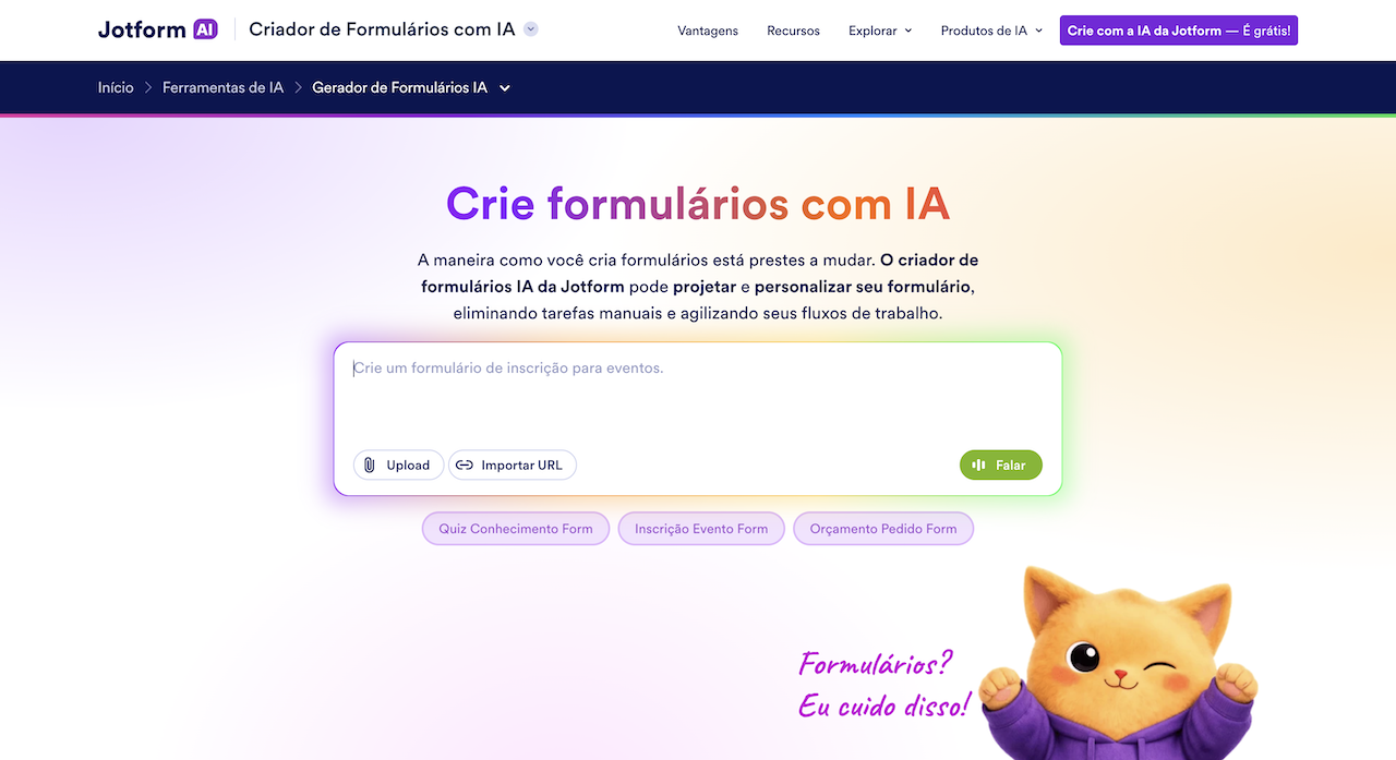 Captura de tela do Criador de Formulários com IA da Jotform, mostrando como a funcionalidade é semelhante à criação de formulários usando o Gemini no Formulários Google