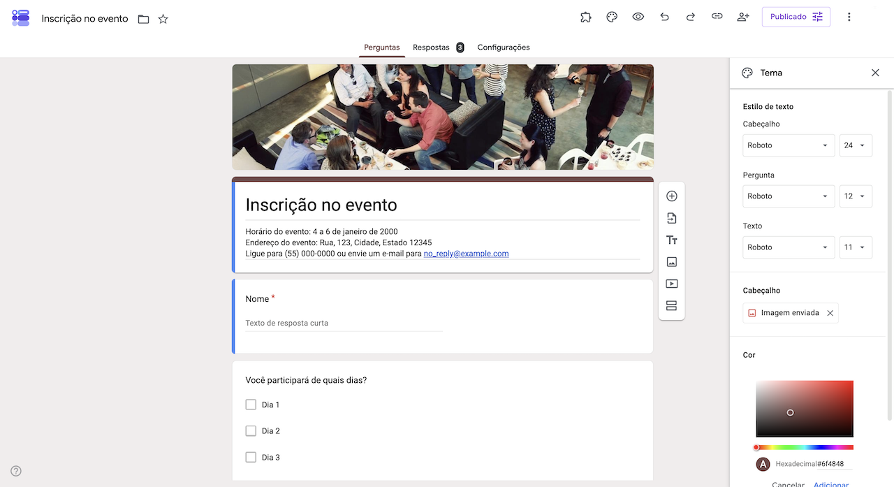 Captura de tela da interface de personalização do Formulários Google mostrando o que os usuários podem alterar ao criar seu formulário do Google