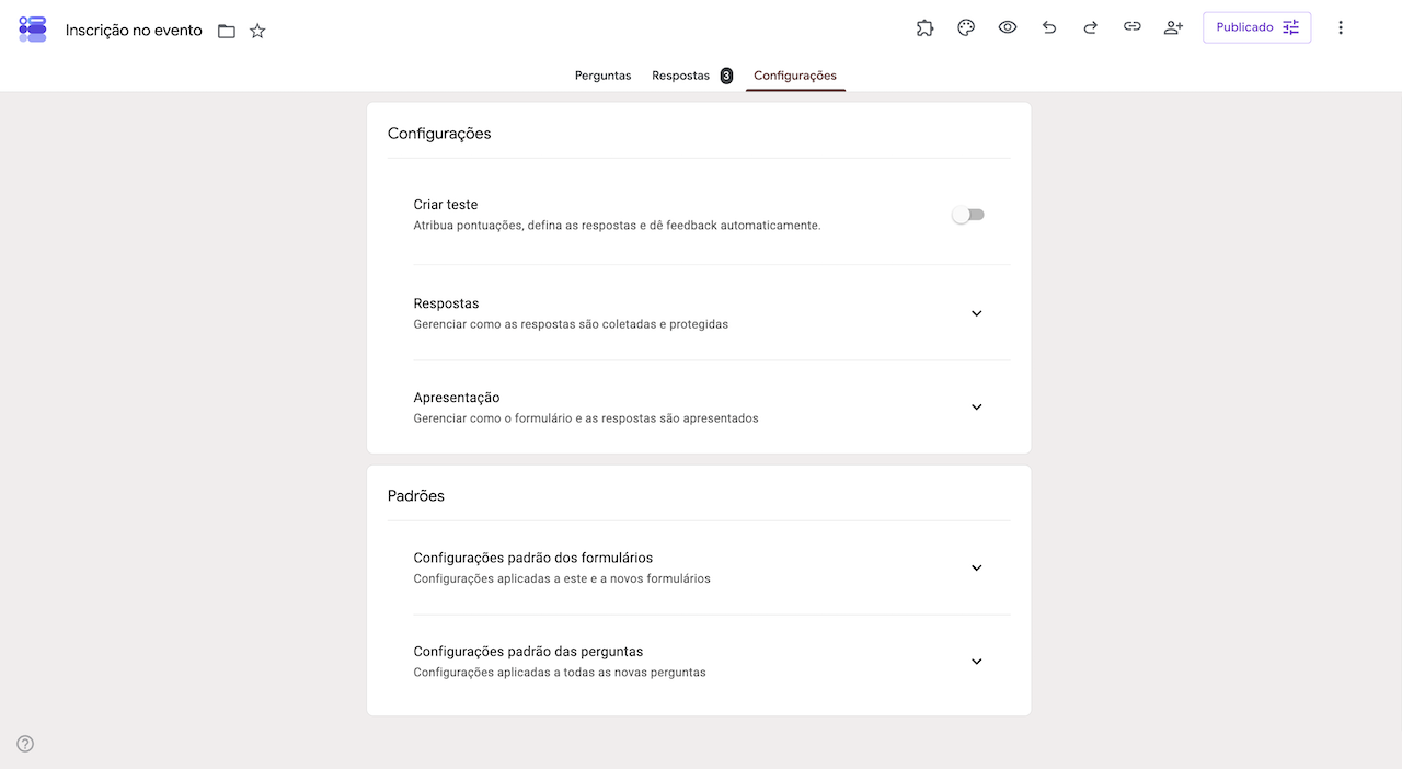 Captura de tela da interface de configurações do Formulários Google mostrando quais configurações os usuários podem alterar